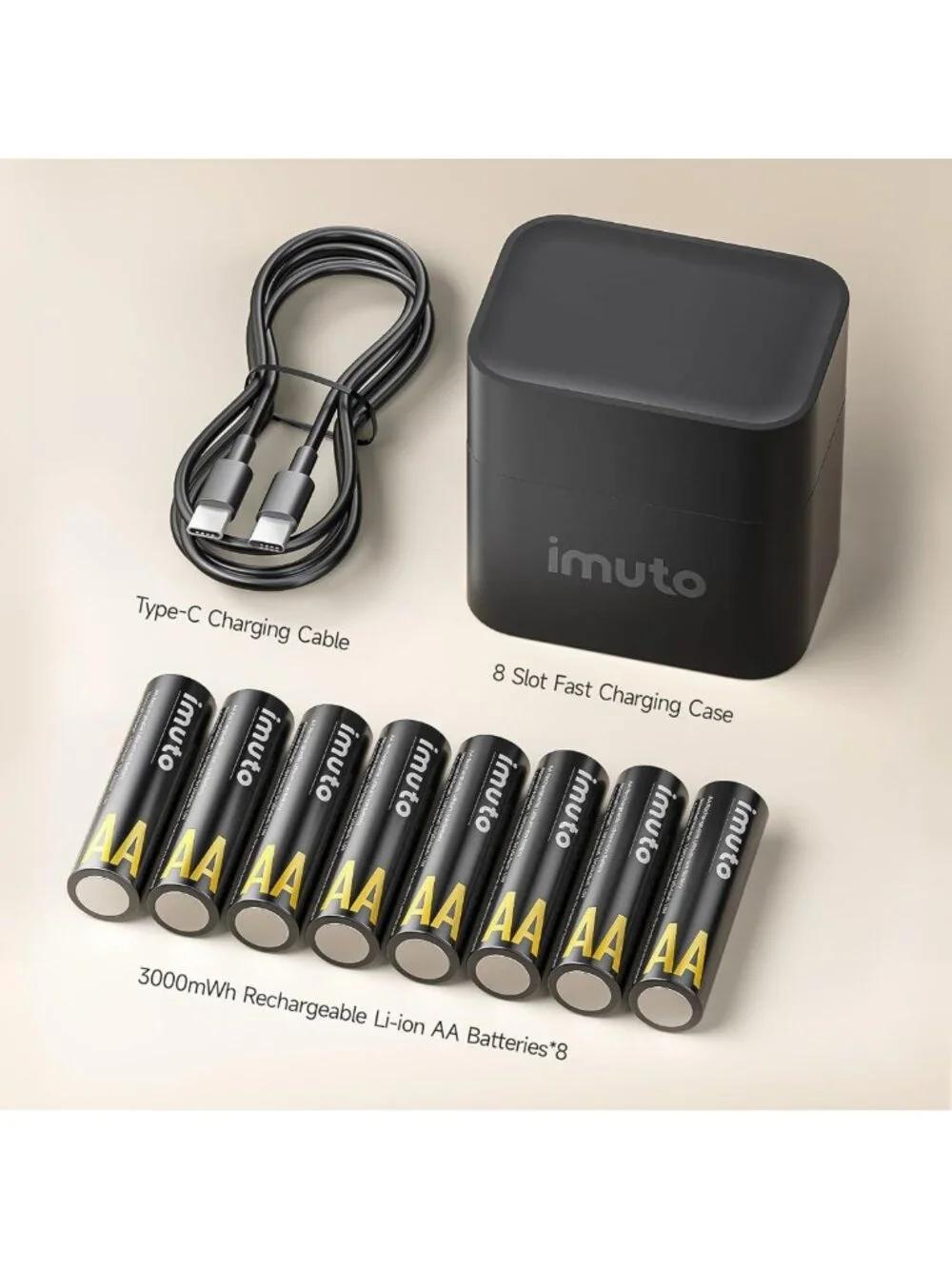 Rechargeable AA Batteries & Charger Set, 3000mWh, 8-Pack, Fast Charging, Long